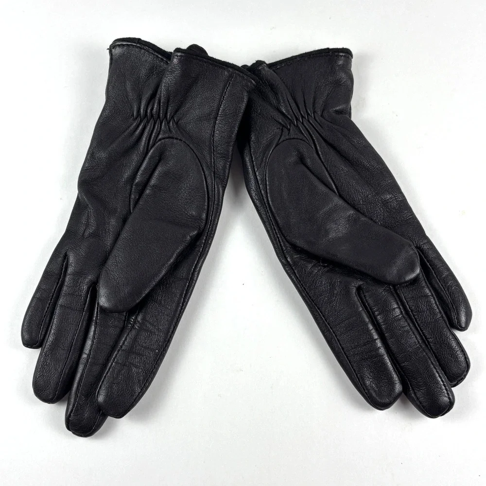 Lauren Ralph Lauren Gloves Womens Small Black Leather Whipstitch Fleece Lined